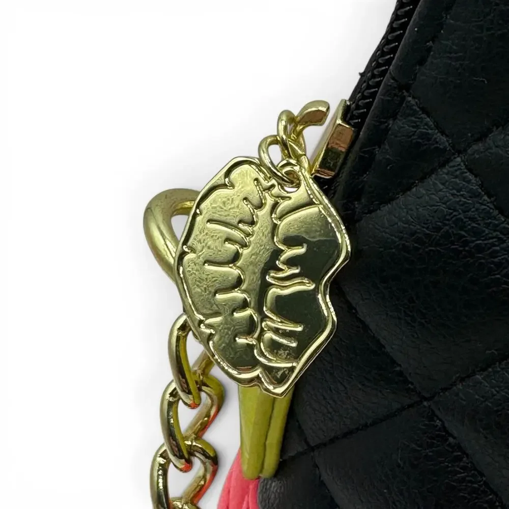 Luv Betsey by Betsey Johnson Black Pink Quilted Satchel Crossbody Bag Gold Chain